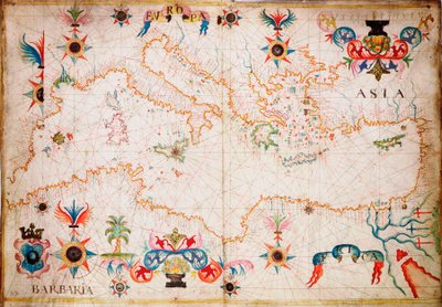 Dit type vroege perkamenten zeekaart ontstond in de Middellandse Zee in de 13e eeuw., c.1610 door Unknown artist