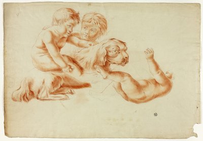 Drie Putti Spelend met Hond door Unknown artist