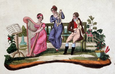 Drie mensen die muziekinstrumenten bespelen in een tuin: harp, lier, altviool. Ets uit de 18e eeuw. door Unknown artist