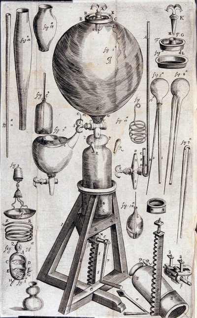 Gereedschappen voor wetenschappelijke experimenten - in "Nova experimenta physico-mechanica de vi aeris elastica, et ejusdem effectibus, facta maximam partem in nova machina pneumatica" door Robert Boyle door Unknown artist