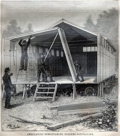 Transporteerbare kartonnen constructies: demonteerbare ambulances, systeem uitgevonden door commandant Espitallier - Gravure in 