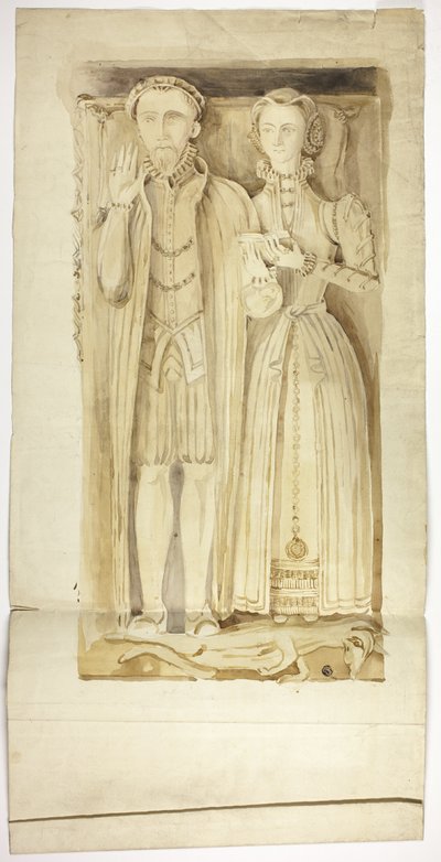 Tudor grafplaat met beeltenissen van man en vrouw door Unknown artist