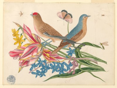 Twee Vogels op een Tak van Tulpen met Insecten door Unknown artist
