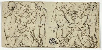 Twee Decoratieve Groepen van Putti met Trompetten en Fruit door Unknown artist