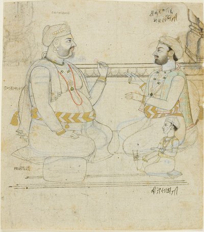 Twee Rajput edelmannen met een kind door Unknown artist