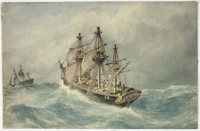 Twee driemasters op stormachtige zee door Unknown artist