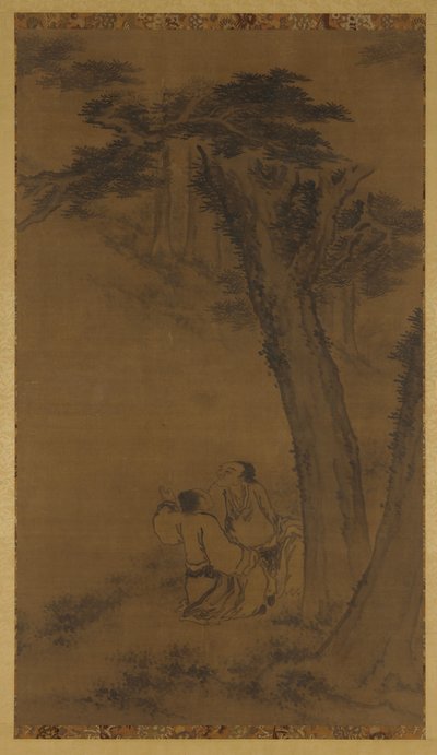 Twee figuren op een heuvel onder bomen door Unknown artist