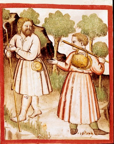 Twee miniatuurherders uit codex 212 (of padovano codice of Bijbel van Padua) 1390-1400 Rovigo, Accademia dei Concordi door Unknown artist