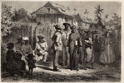 Typen van inheemse Cayenne (Frans-Guyana), vrouwen gekleed in een knoopjurk van madras en gekleed met kleurrijke tulbanden, de mannen hebben het westerse kostuum overgenomen. Gravure om de reis in Frans-Guyana in 1862-1863 te illustreren, door Frederic Bou door Unknown artist