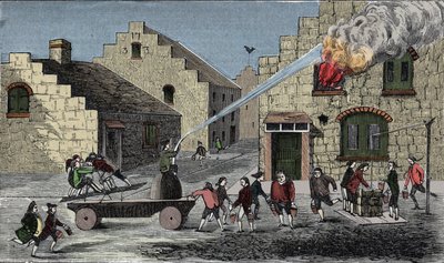 Gebruik van een brandpomp om een brand te blussen. Gravure uit 1733 door Unknown artist
