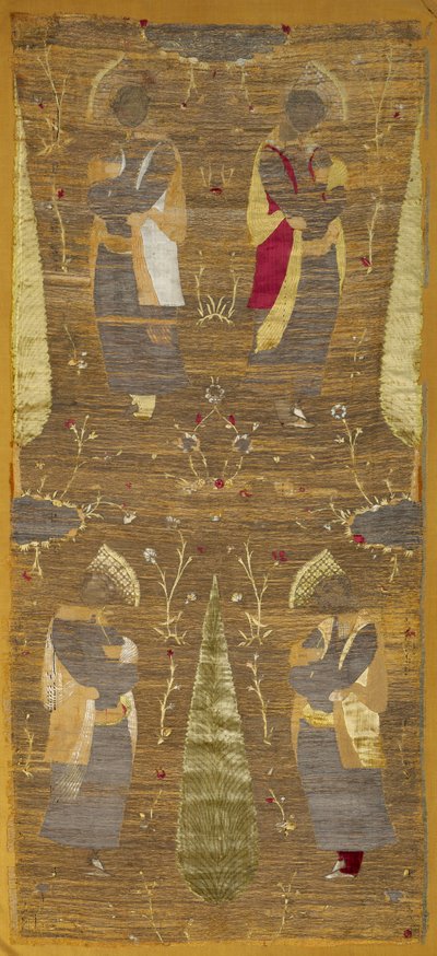 Fluwelen paneel met vier jongeren die aan bloemen ruiken door Unknown artist