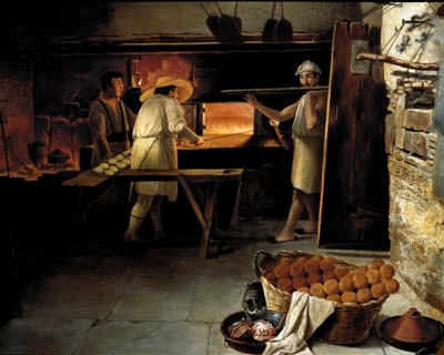 Uitzicht van binnenuit een bakkerij. Bakkers bakken het brood in de oven (18e eeuw) door Unknown artist