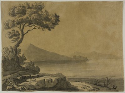 Uitzicht op meer, met grote bomen op de voorgrond door Unknown artist