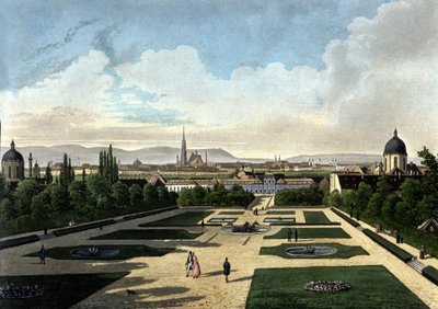 Uitzicht op het Belvedere van Wenen, Oostenrijks barokpaleis gebouwd door Eugene de Savoye. Lithografie uit de 19e eeuw door Unknown artist