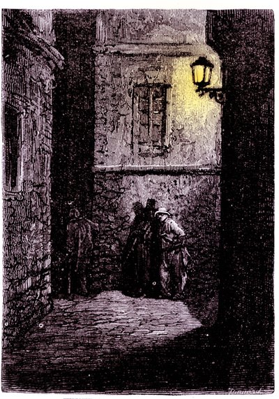 Uitzicht op een donkere steeg in de wijk Whitechapel in Londen. 18e eeuwse gravure door Unknown artist