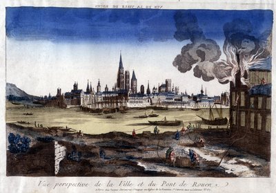 Zicht op de stad Rouen, haar haven en de brug over de Seine aan het einde van de 18e eeuw. door Unknown artist