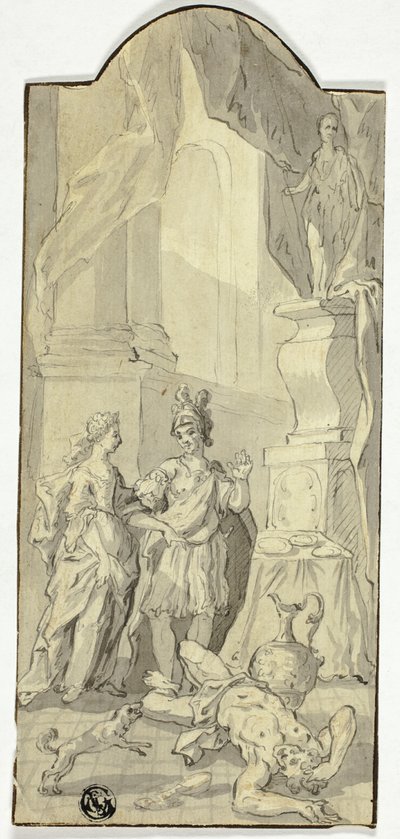 Krijger in Gesprek met Dame tijdens Banket, met Dode Man aan Hun Voeten door Unknown artist