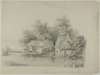 Watermolen en huisje met rieten daken door Unknown artist