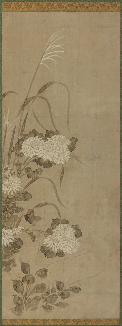 Witte Chrysanten en Grassen door Unknown artist