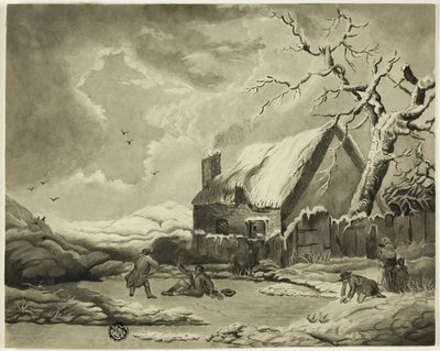 Winterscène met Mensen Buiten een Huisje bij een Vijver door Unknown artist