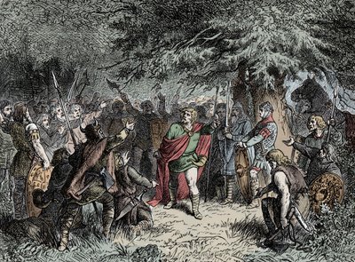 Widukind roept zijn Saksen op tot de wapens - Widukind van Saksen (circa 750-810) roept de Saksen op om de wapens op te nemen tegen de Frankische invasie van Karel de Grote in 777 door Unknown artist