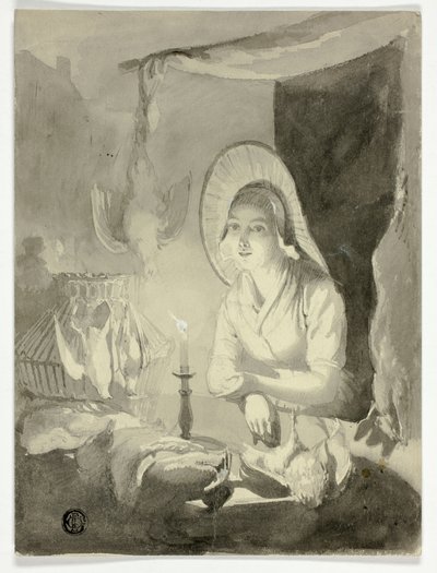 Vrouw die gevogelte plukt door Unknown artist