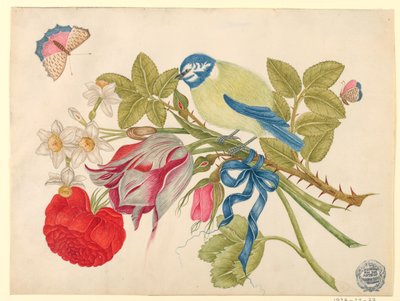 Geel-en-blauwe vogel op boeket met roos, tulpen en narcissen, met vlinders door Unknown artist