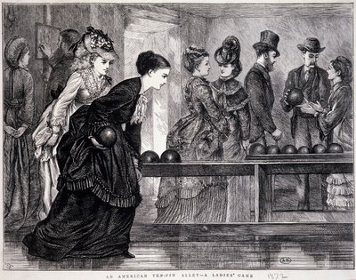 Jonge vrouwen die bowlen, in de Verenigde Staten, circa 1870 - gravure door Unknown artist