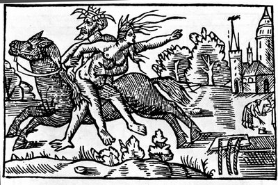 De duivel neemt een heks van een paard en brengt haar naar de hel. Houtsnede uit de 16e eeuw door Unknown artist