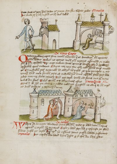 Een man met een zwaard en sporen leidt een ezel uit zijn huis terwijl een man bidt in een nabijgelegen kerk; Twee mensen bidden in een kerk door Unknown artist/maker