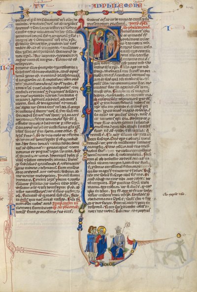 Beginletter P: Sint Paulus geeft een boekrol aan een bisschop door Unknown artist/maker