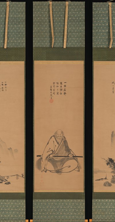Zenmeester met meditatiestaf en Chinese landschappen, waarschijnlijk eind 1620s-1644 door Unkoku Toeki