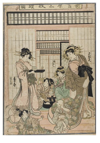 Scène uit de Shin Yoshiwara (drieluik). Interieur van een bordeel in de wijk Yoshiwara met courtisanes en klanten, ca. 1830-1843 (houtsnede op papier) door Utagawa (1786-1865) Kunisada