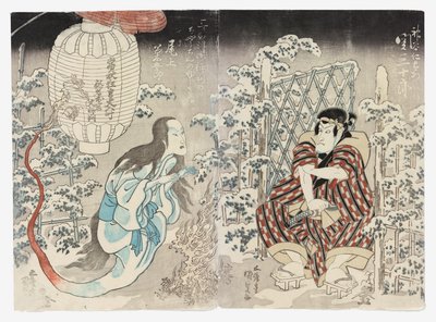 Seki Sanjūrō II als Kamiya Niemon en Onoe Kikugorō III uit Kamigata (Kudari) als de Lantaarngeest, Geprezen door de Drie Steden door Utagawa (1786 1865) Kunisada
