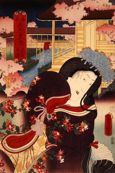Hana-no-en bansho Katsuragi Genji mitate hakkei no uchi (Bloemenbanket, Avondklok: Katsuragi), c.1808-58 door Utagawa Kunisada