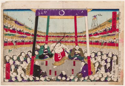 Boogceremonie (boogdans) na het laatste sumogevecht van de dag door Utagawa  Kuniaki