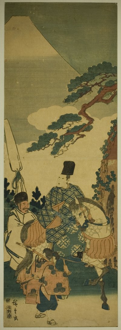 Ariwara no Narihira passeert de berg Fuji op zijn reis naar het oosten door Utagawa Hiroshige