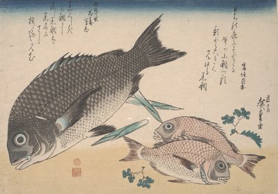 Zwarte zeebrasem, kleine zeebrasem, aspergescheuten en sansho peper, ca. 1830 door Utagawa Hiroshige