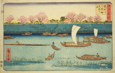 Kersenbomen langs de Sumida-rivierdijk bij het Mimeguri Inari-heiligdom (Sumidagawa Mimeguri Inari tsutsumi no hana), uit de serie "Beroemde plaatsen in Edo (Edo meisho)" door Utagawa Hiroshige
