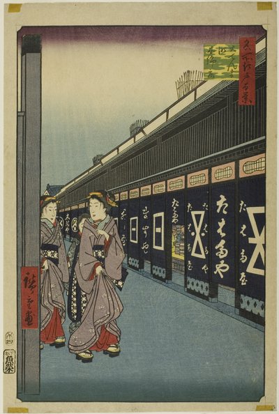 Cotton-goods Lane, Odenma-cho (Odenma-cho momendana), uit de serie "One Hundred Famous Views of Edo (Meisho Edo hyakkei)". door Utagawa Hiroshige