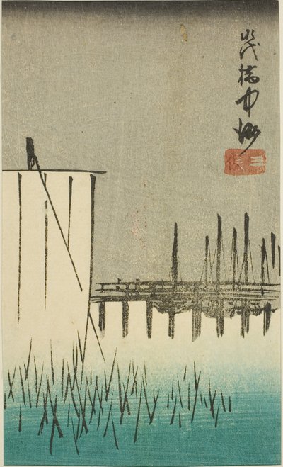 Eitai-brug, Nakasu, en Mitsumata (Eitaibashi Nakasu Mitsumata), sectie van een blad uit de serie "Uitknipsels van Beroemde Plaatsen in Edo (Harimaze Koto meisho)" door Utagawa Hiroshige