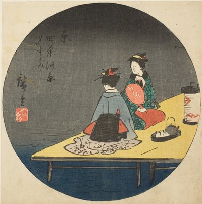 Genieten van de Avondkoelte aan de Rivieroever bij Shijo in Kyoto (Kyo Shijogawara yusuzumi), deel van blad nr. 14 uit de serie "Uitknipsels voor de Drieënvijftig Stations (Gojusan tsugi harimaze)" door Utagawa Hiroshige