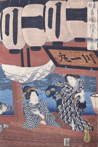 Genieten van het vuurwerk en de koelte van de avond bij de Ryogoku-brug in de Oostelijke Hoofdstad door Utagawa Hiroshige