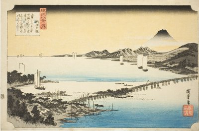 Avondgloed bij de Seta-brug (Seta no sekisho), uit de serie "Acht uitzichten van Omi (Omi hakkei no uchi)" door Utagawa Hiroshige