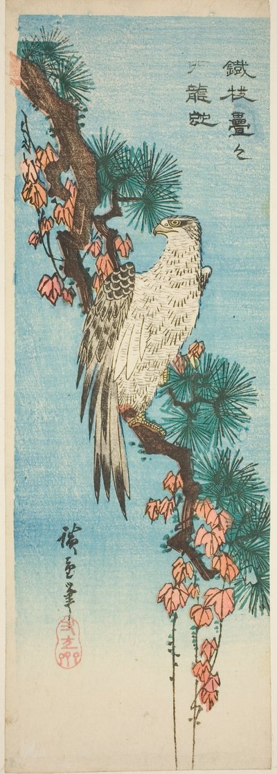 Valk op met klimop bedekte dennenboomtak door Utagawa Hiroshige