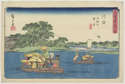 Veerboot bij Rokugo_, Kawasaki, 1841-1842 door Utagawa Hiroshige