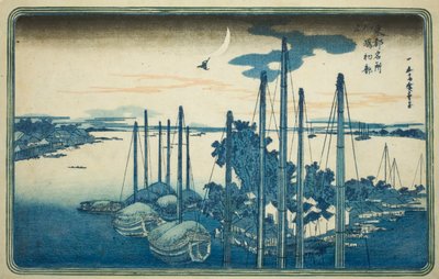 Eerste koekoek van het jaar op Tsukuda-eiland (Tsukudajima, hatsu hototogisu), uit de serie "Beroemde uitzichten van de oostelijke hoofdstad (Toto Meisho)" door Utagawa Hiroshige