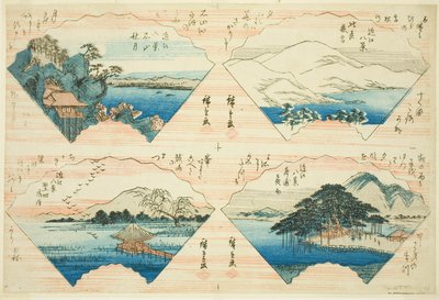 Vier Zichten uit de serie Acht Zichten van Omi (Omi Hakkei) door Utagawa Hiroshige