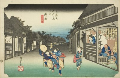 Goyu: Vrouwen stoppen reizigers (Goyu, tabibito tomeru onna), uit de serie "Drieënvijftig stations van de Tokaido (Tokaido gojusan tsugi no uchi)," ook bekend als de Hoeido Tokaido door Utagawa Hiroshige