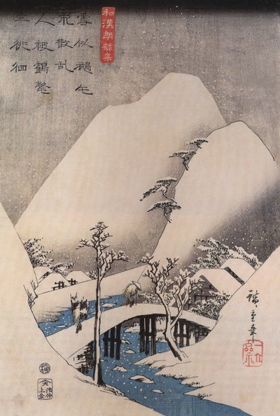 Hiroshige, Een brug in een besneeuwd landschap door Utagawa Hiroshige
